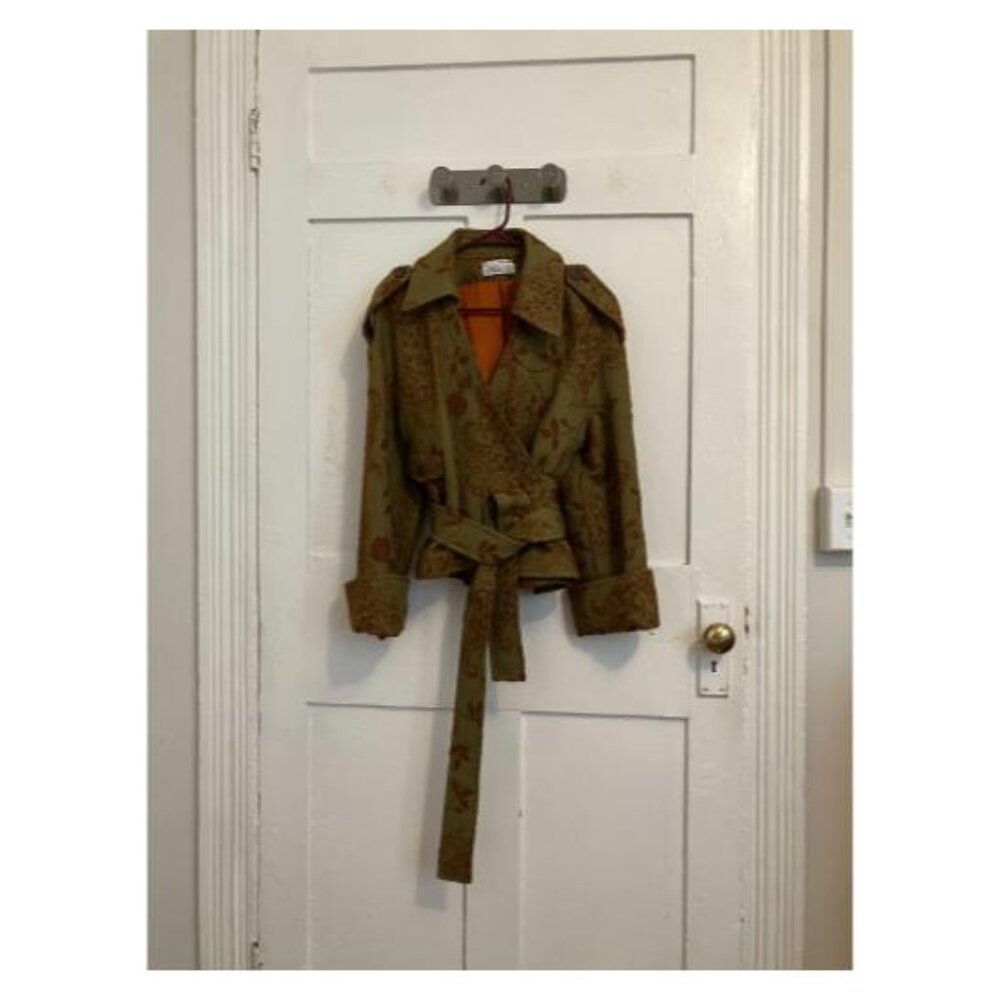 Miri New York wrap coat in army green with burnt orange and gold embroidery